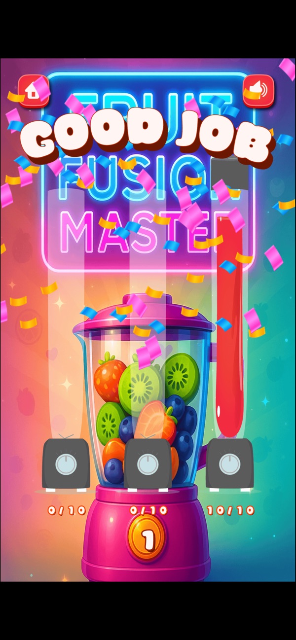 Fruit Fusion Master completion screen with confetti